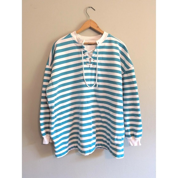 Cheetah Mervyns Tops - Cheetah Mervyns Vintage Striped Lace Up Sweatshirt Teal White Large Nautical